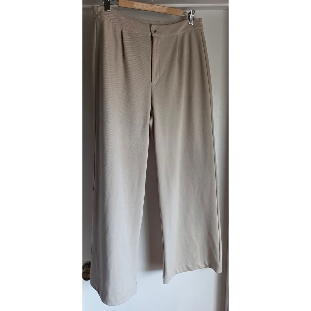 Beige High Waisted Wide Leg Pleated Trousers Dress Pants Neutral Twill